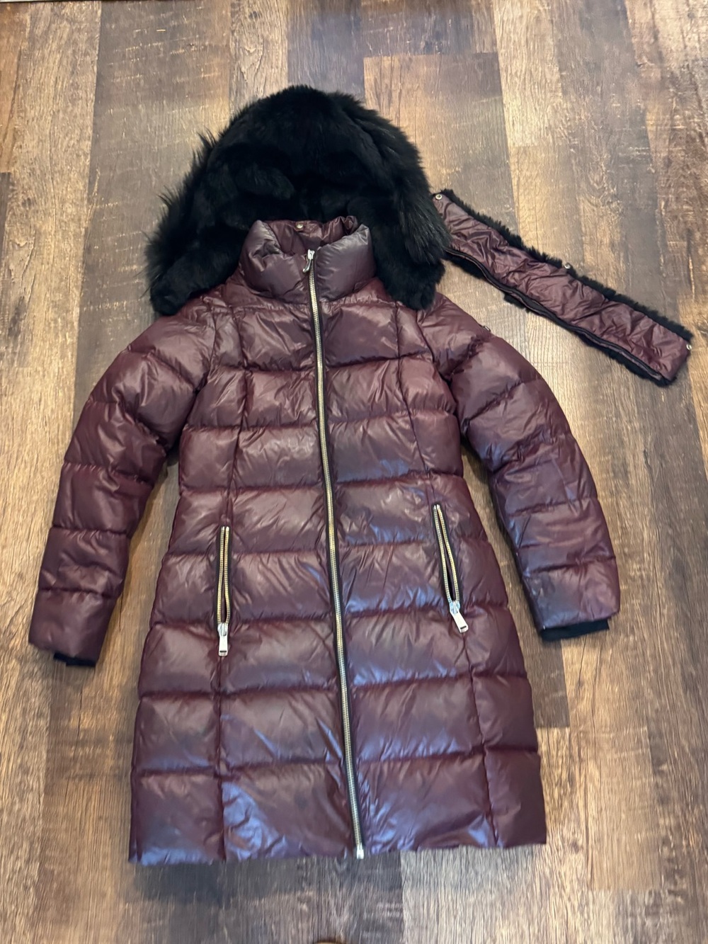 Andrew Marc Womens maroon down filled puffer coat with fur hood and trim